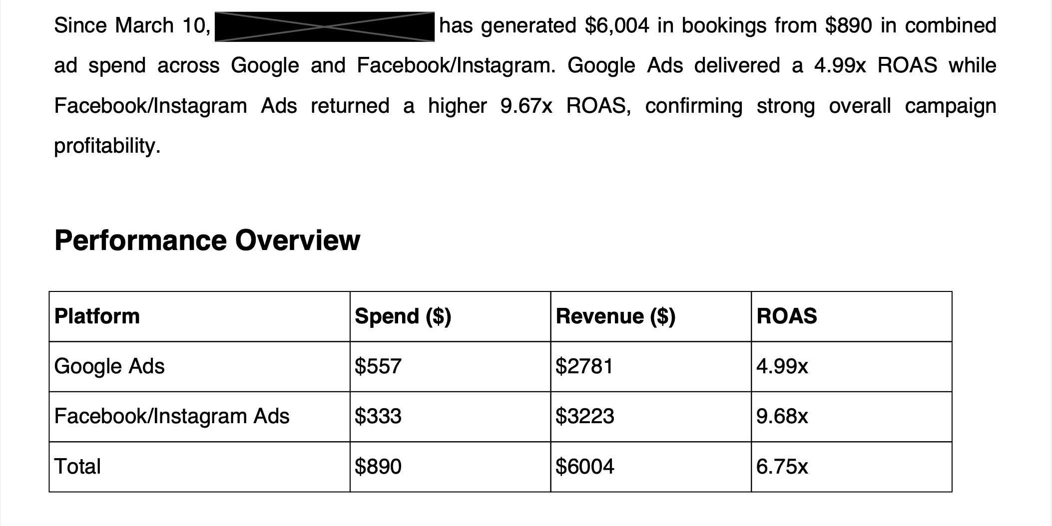 Results showcase - advertising performance metrics